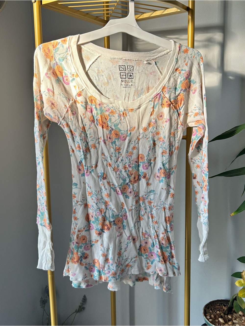 Y2K vintage vibe Nollie Cream Floral waffle knit Scoop Neck Long Sleeve size M